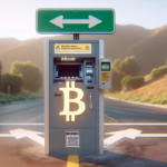 alt_text: Bitcoin ATM warning sign about scams and policy issues at a decision point.