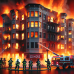 alt_text: Edmore Apartment engulfed in flames as firefighters battle the blaze at dawn.