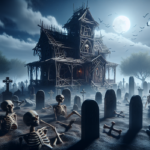 alt_text: Haunted graveyard with eerie tombstones and a mysterious house of bones under a moonlit sky.