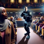 alt_text: A protester holds a sign at a town hall meeting featuring Ilhan Omar, hosted by National Trust.