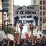 alt_text: "Protest sign reads: 'Latest News of ICE Violence and Our Solidarity'."