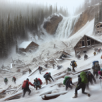 alt_text: Skiers descending snowy slopes near a majestic peak, with breaking news headline overlay.