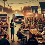 alt_text: Emergency responders managing a chaotic scene with flashing lights and urgent activity.