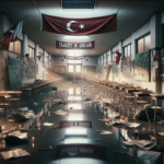 alt_text: A somber classroom in Turkey, empty desks and a broken chalkboard convey a sense of tragedy.