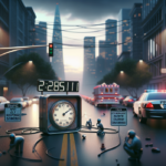 alt_text: Portland street scene with people waiting, showcasing city life and transit delay signage.