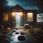 alt_text: Damage inside a shelter in Southern Oregon after a break-in, with debris and broken windows.