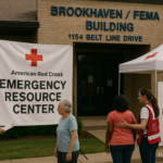 alt_text: Volunteers distributing supplies at Brookhaven Relief Hub, busy with community aid efforts.