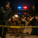 alt_text: Police examine evidence after foiling a crime in Badin; area is secured for investigation.