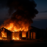 # alt_text A fiery phoenix soars against a pre-dawn sky, surrounded by intense, blazing flames.