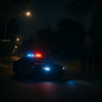 alt_text: Quiet urban street, empty sidewalk; a memorial with flowers and candles marks the hit-and-run site.