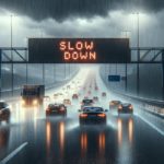 alt_text: Car driving cautiously in heavy rain with visibility reduced; road signs suggest slowing down.