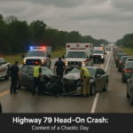 alt_text: A chaotic scene of a head-on crash on Highway 79 with emergency responders at the site.